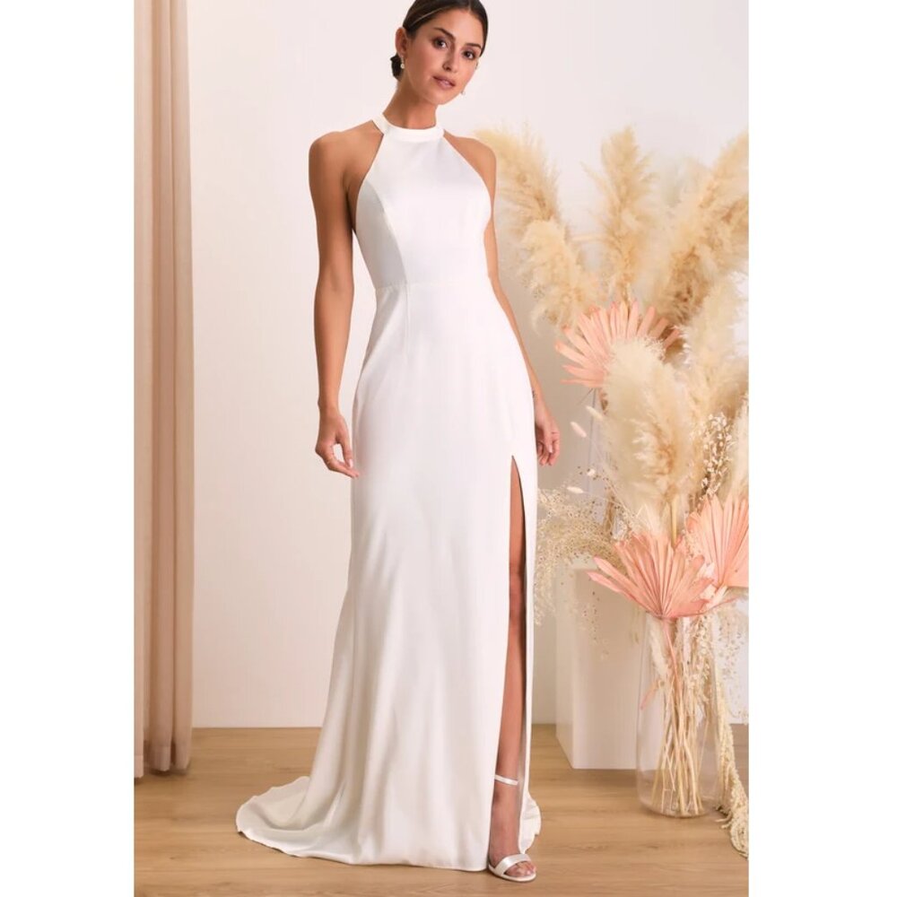 Lulus Radiant Adoration White Satin Lace Backless Maxi (Bridal), Sz M, $92